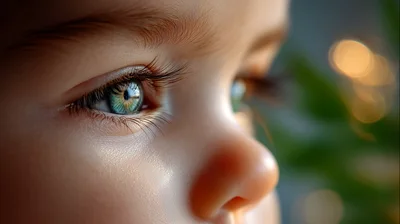 Close Up Portrait Of A Child With Bright Blue Eyes