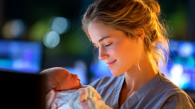 Nurse Holding A Newborn Baby In A Hospital Nursery