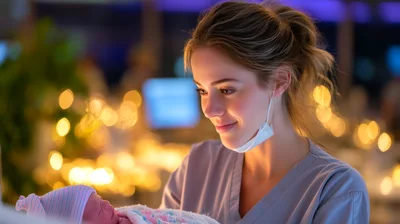 Nurse Caring For Newborn Baby In Hospital Nursery