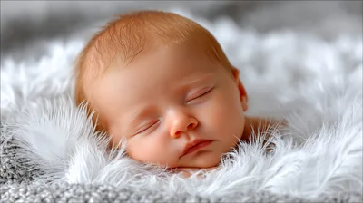 Sleeping Newborn Baby Resting On Soft White Feathers