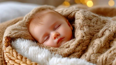 Newborn Baby Sleeping Wrapped In A Knitted Blanket