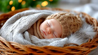 Newborn Baby Sleeping In A Woven Basket