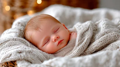 Newborn Baby Sleeping Peacefully In A Knitted Blanket