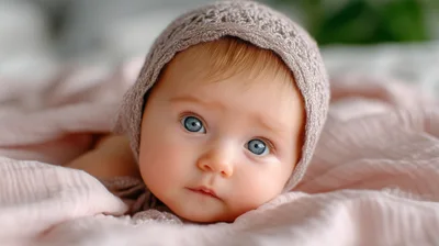 Adorable Baby Wearing A Knitted Bonnet On Pink Blanket