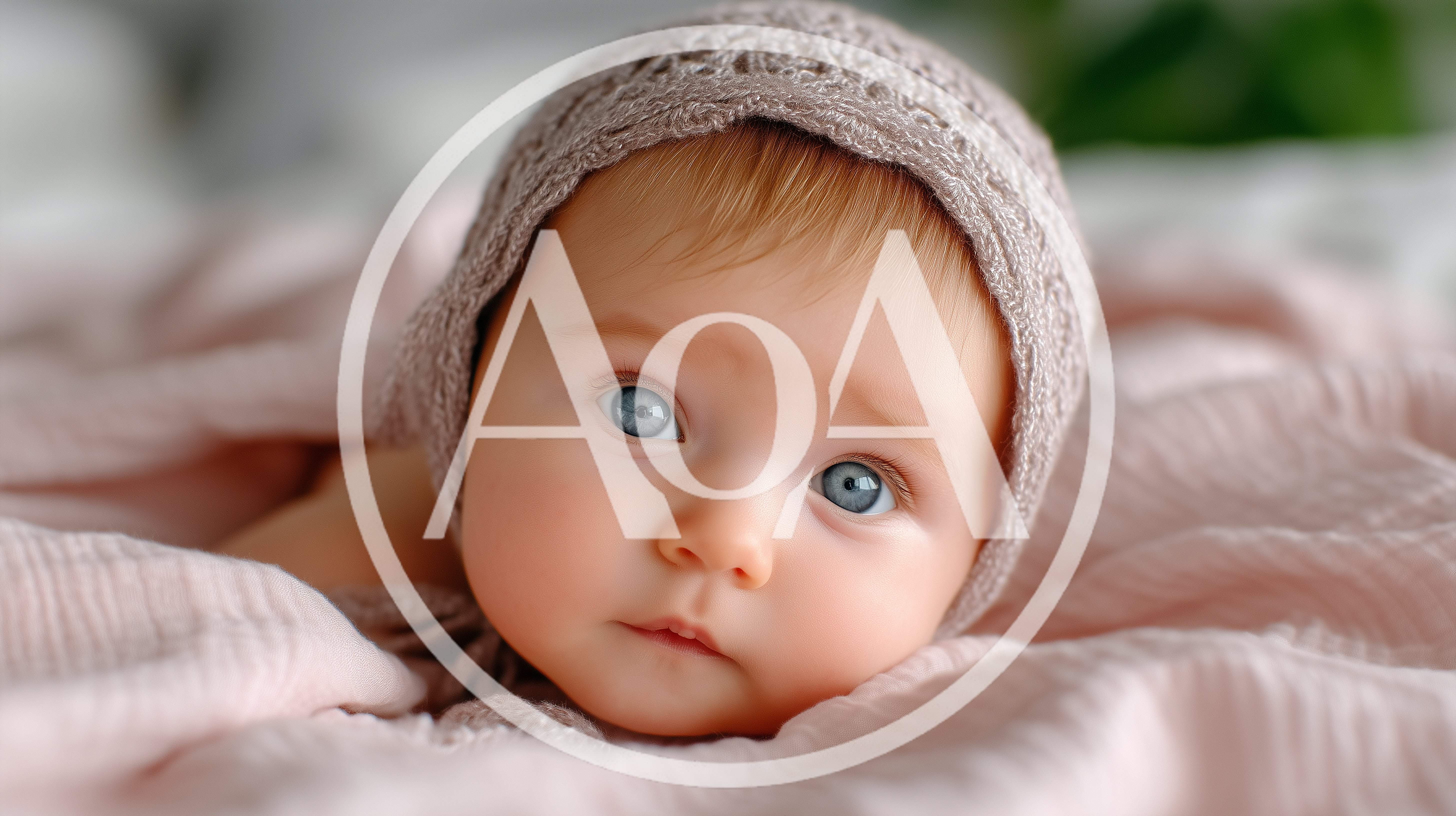 Adorable Baby Wearing A Knitted Bonnet On Pink Blanket