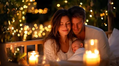 Young Parents Cuddling Their Sleeping Newborn Baby