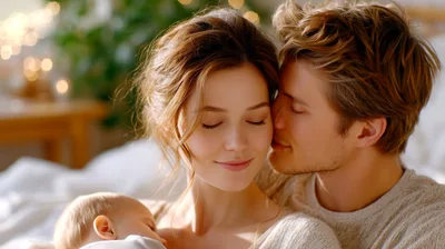 Young Parents Cuddling Their Newborn Baby In Bed