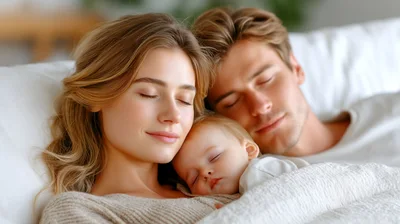 Young Family Sleeping Peacefully Together In Bed