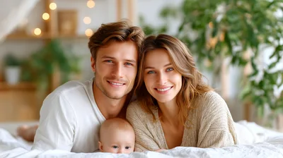 Happy Young Parents With Baby On Bed