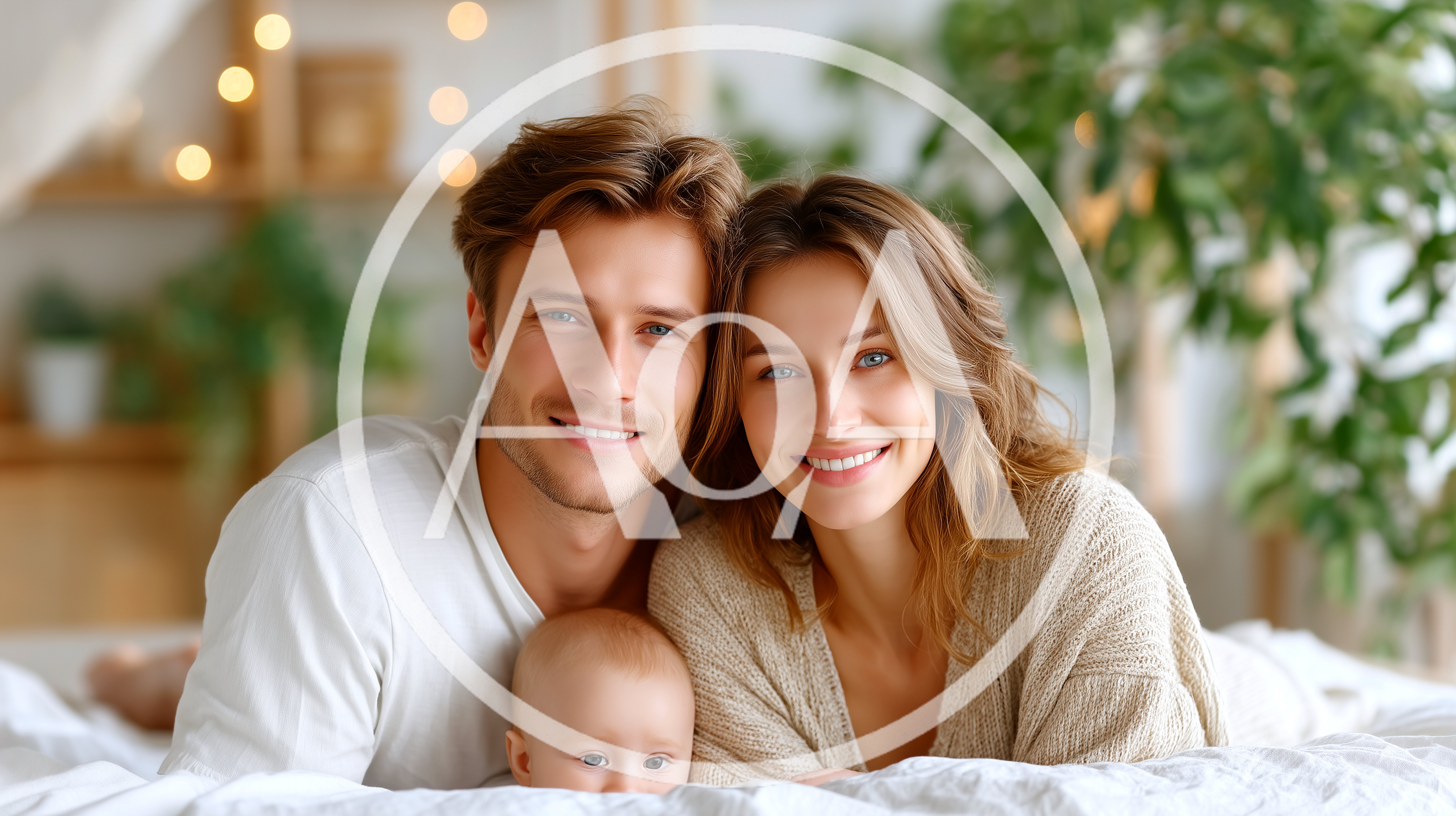 Happy Young Parents With Baby On Bed