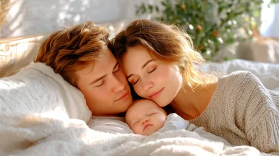 Young Parents Sleeping With Their Newborn Baby In Bed