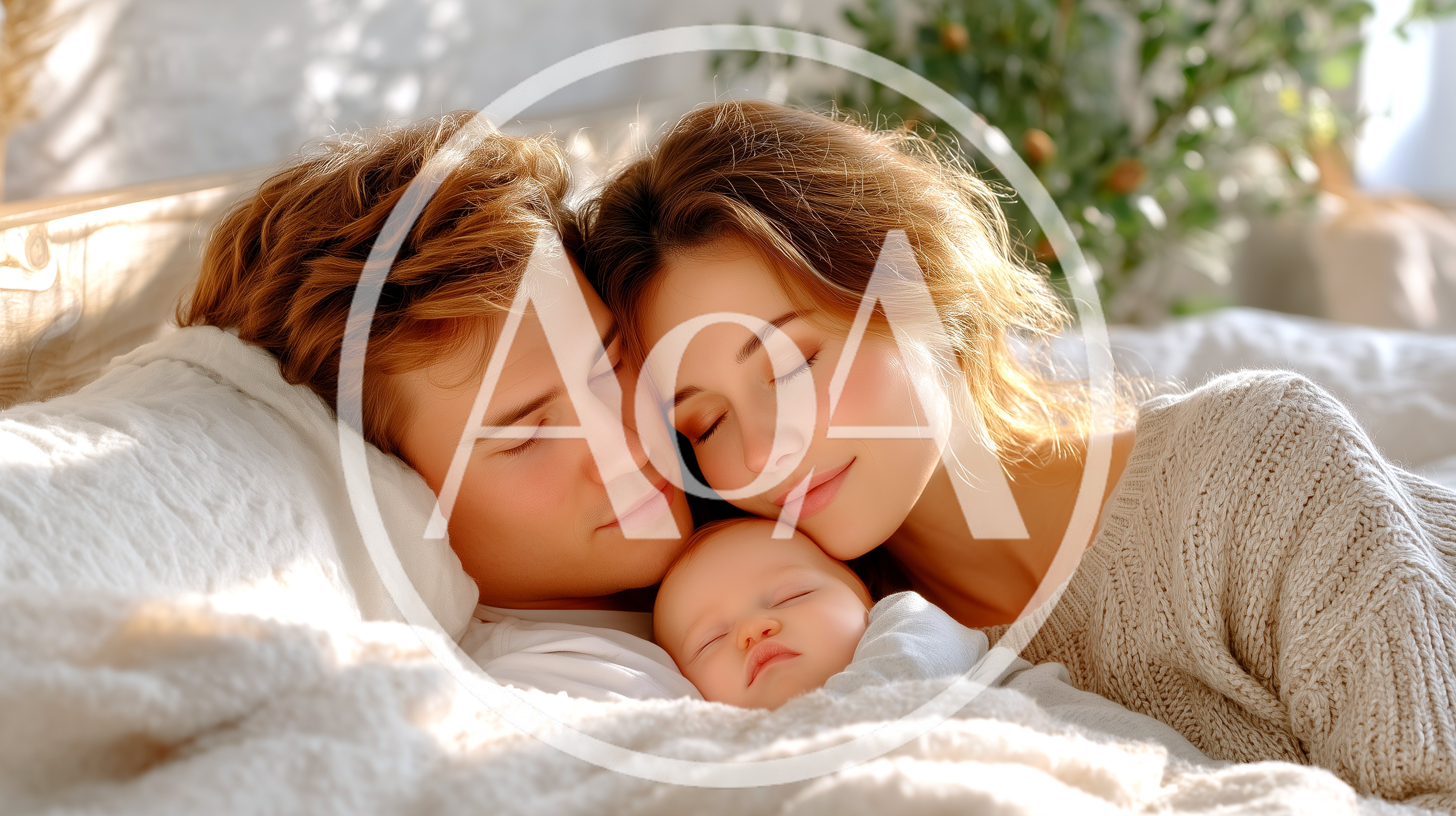 Young Parents Sleeping With Their Newborn Baby In Bed