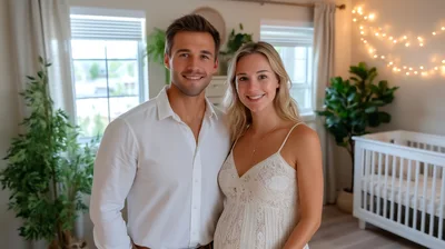 Expectant Couple Smiling Together in a Nursery
