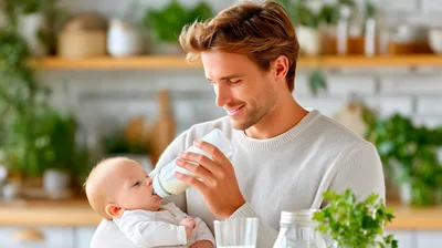 Father Feeding Baby With Bottle In Kitchen
