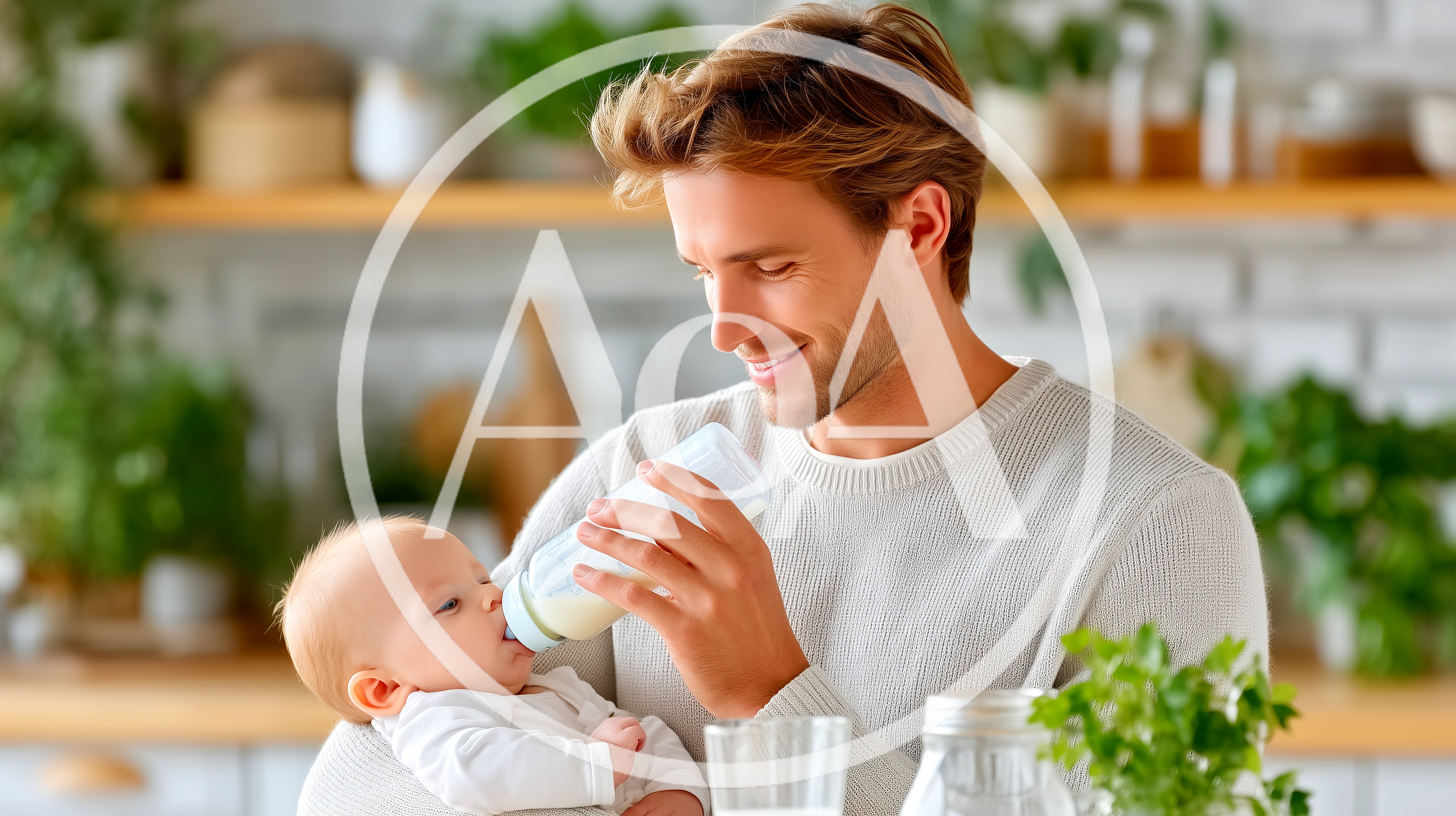 Father Feeding Baby With Bottle In Kitchen