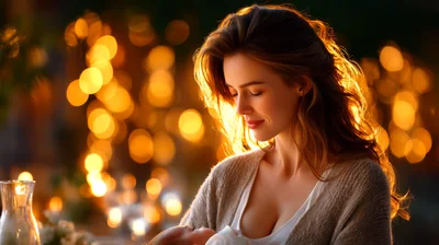 Young Mother Breastfeeding Her Newborn Baby At Night
