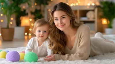 Mother and Baby Playing Together on Soft Rug