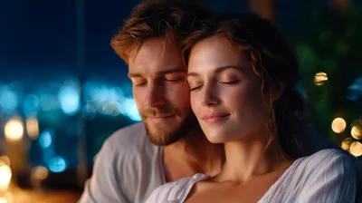 Romantic Couple Embracing During A Nighttime City View