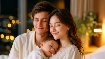 Young Parents Cuddling Their Sleeping Baby At Night