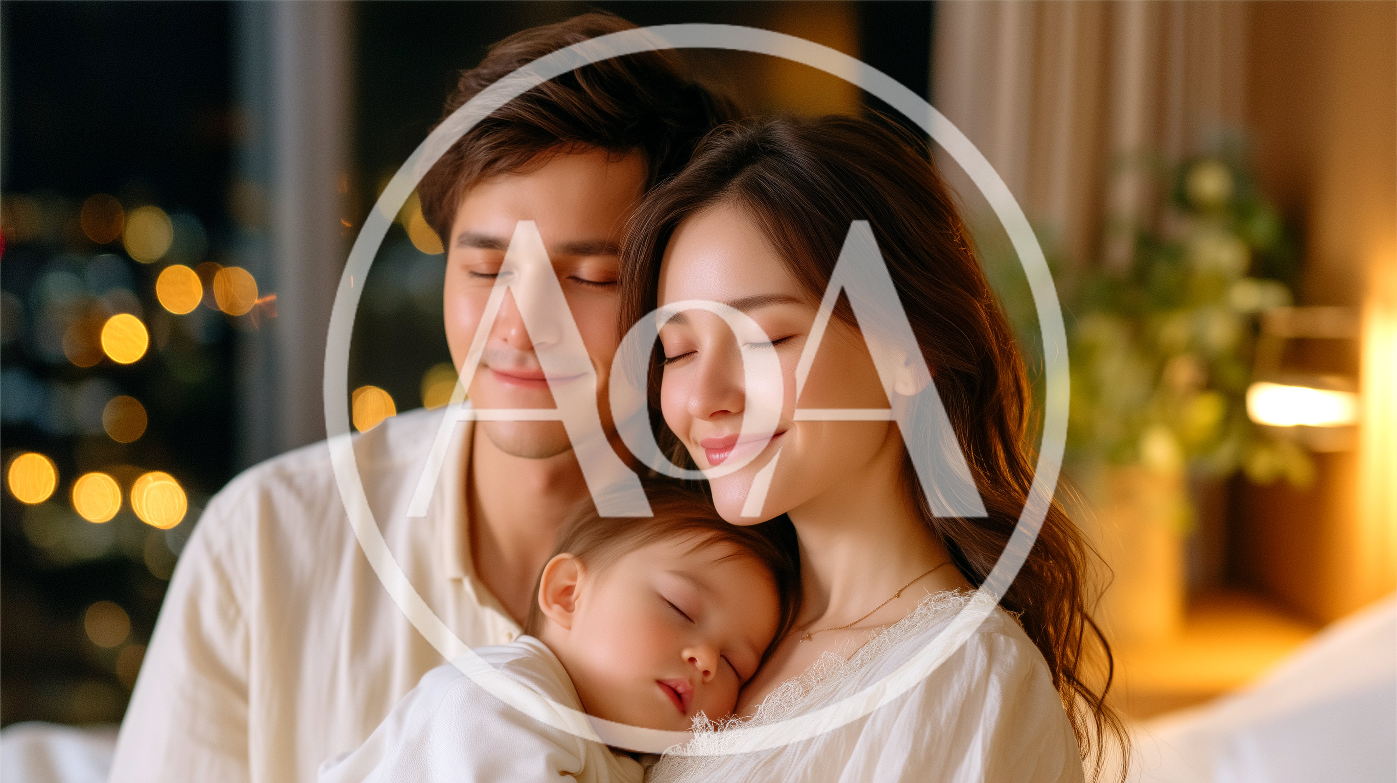 Young Parents Cuddling Their Sleeping Baby At Night