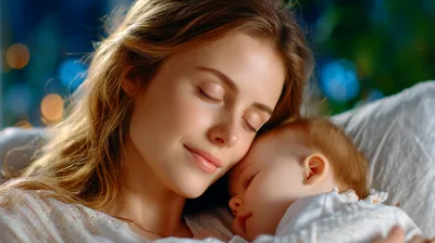 Mother Cuddling Her Sleeping Baby In Bed