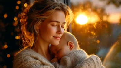 Mother Holding Her Sleeping Baby At Sunset