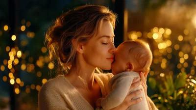 Mother Gently Kissing Her Newborn Baby