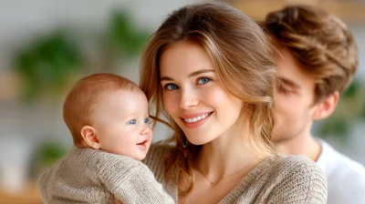 Happy Young Mother Holding Her Baby With Father Behind