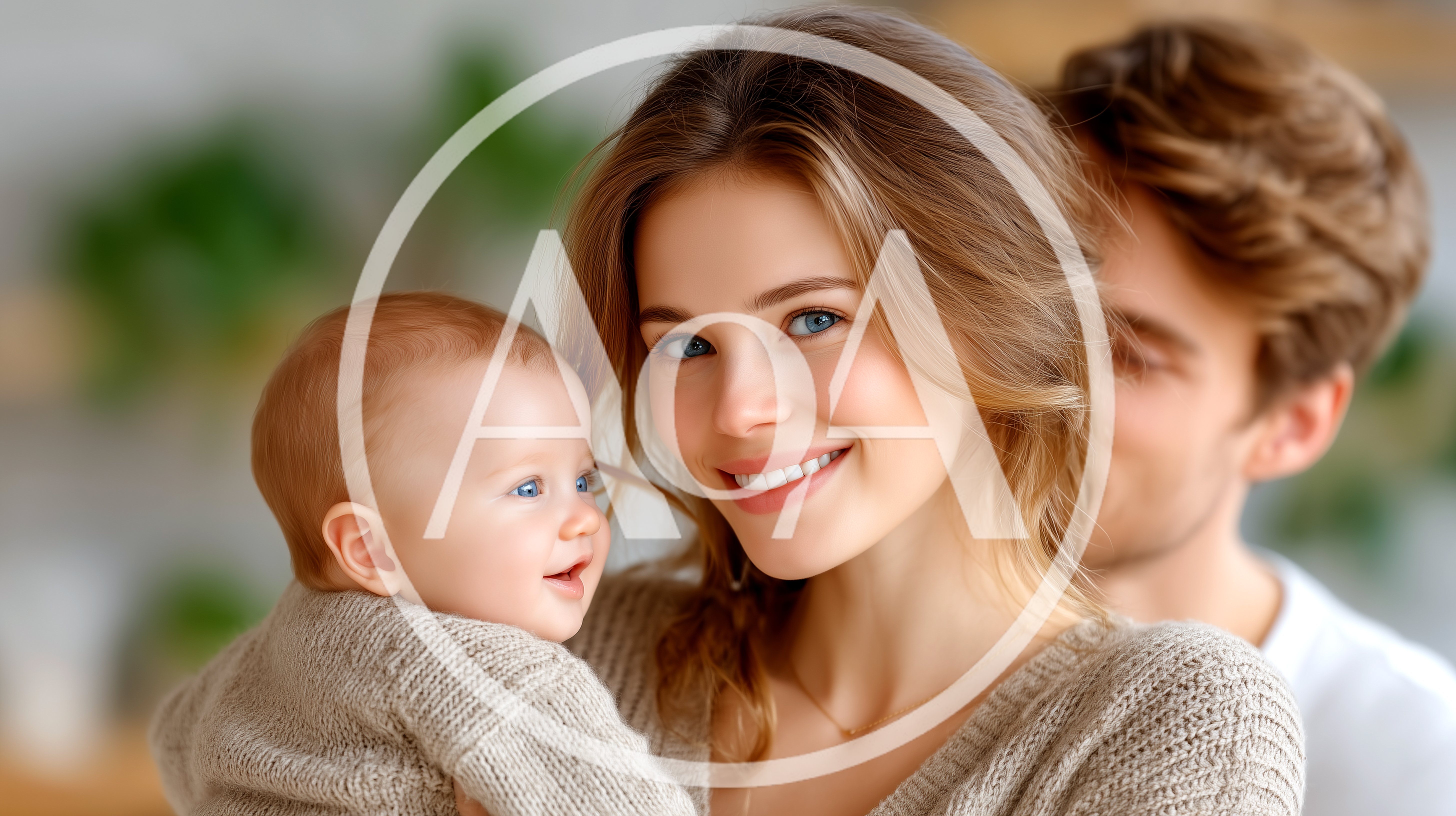 Happy Young Mother Holding Her Baby With Father Behind