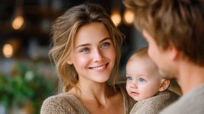 Young Mother Holding Her Baby Looking At Father
