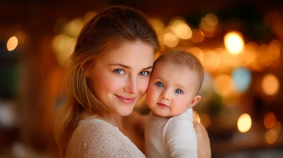 Young Mother Holding Her Baby In Warm Lighting