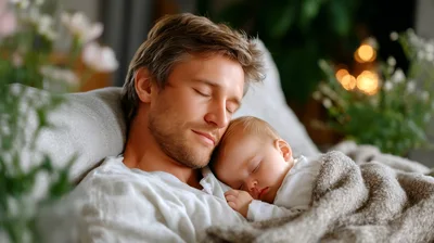 Father Sleeping Peacefully With His Newborn Baby
