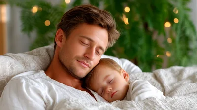 Father And Baby Sleeping Together In Bed