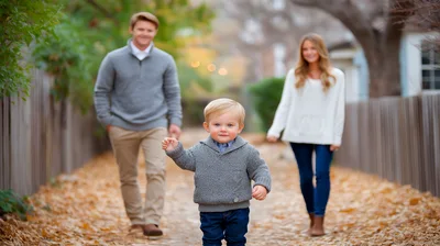 Young Family Walking Together on Autumn Path