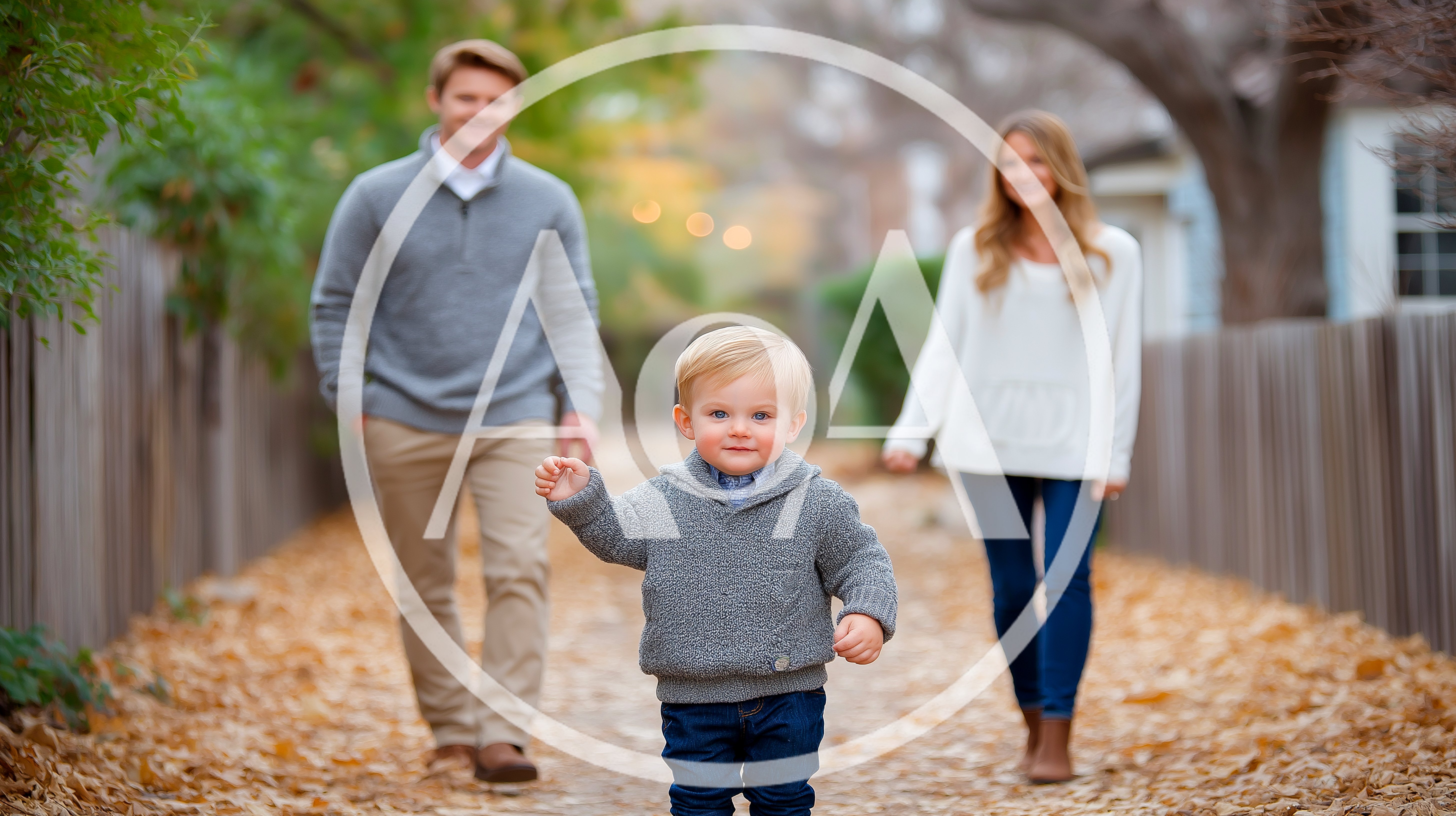 Young Family Walking Together on Autumn Path