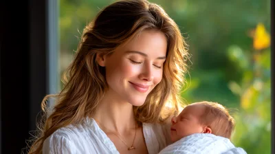 Mother Holding Her Newborn Baby In Natural Light