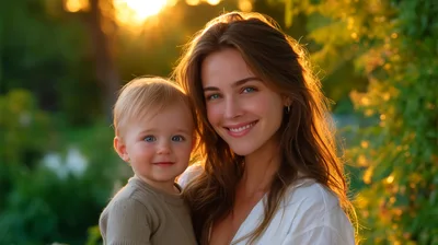 Smiling Mother Holding Her Toddler In Golden Hour Sunlight