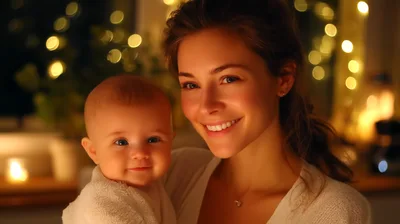Smiling Mother Holding Her Baby In Warm Lighting