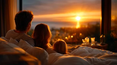 Family Watching Sunset From Bed In Beachfront Room
