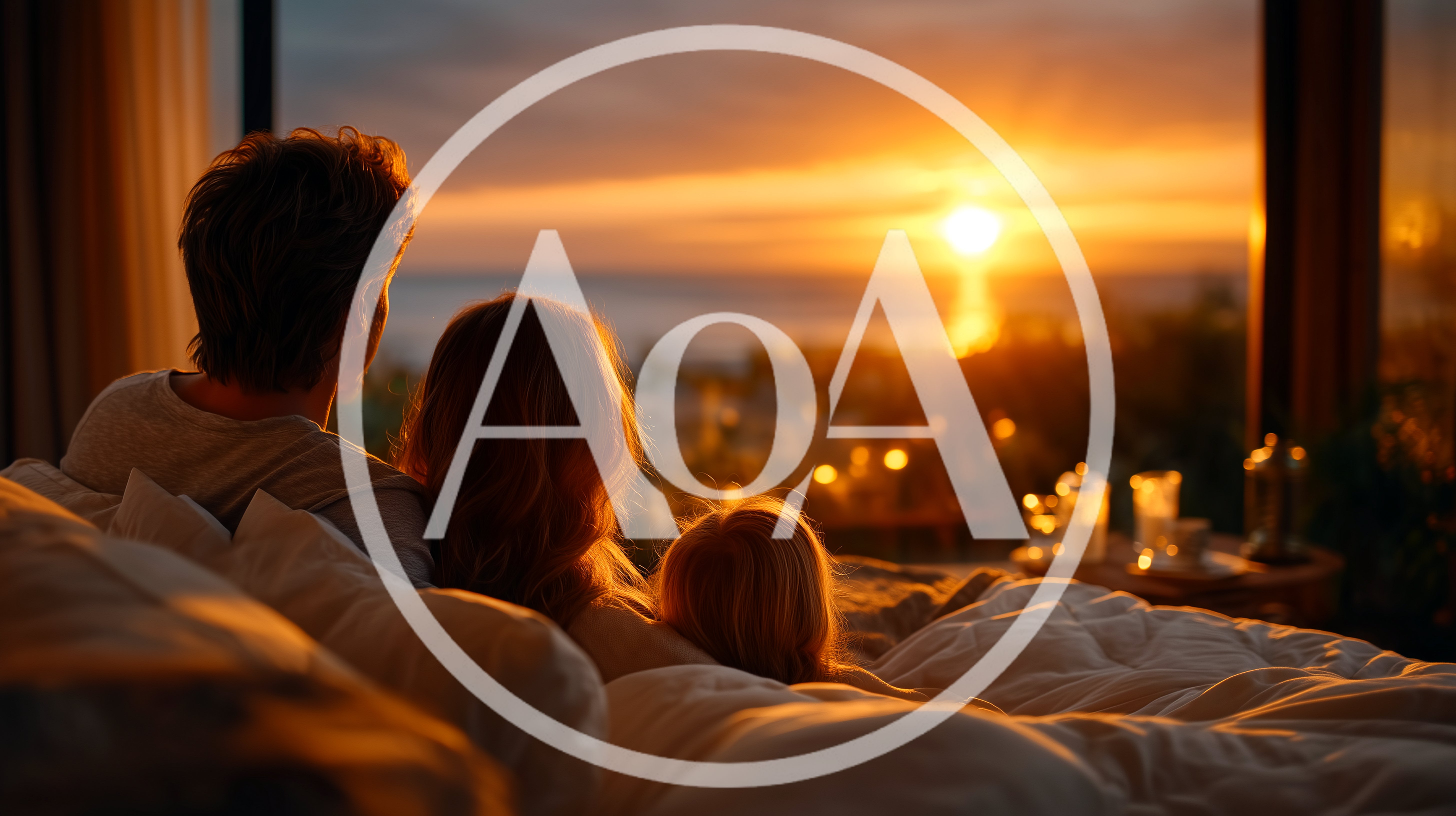 Family Watching Sunset From Bed In Beachfront Room