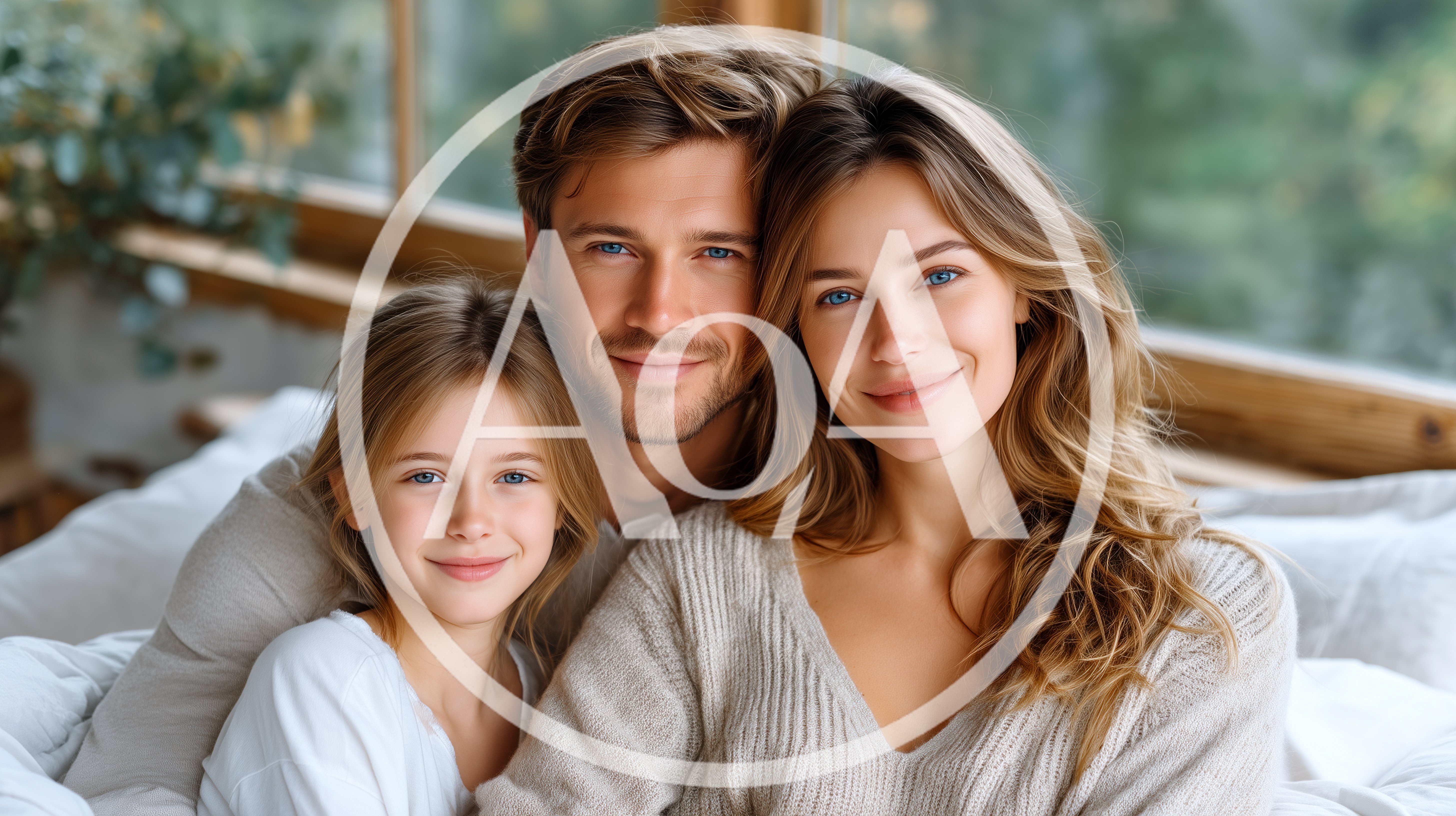 Happy Family Portrait Sitting Together On A Bed