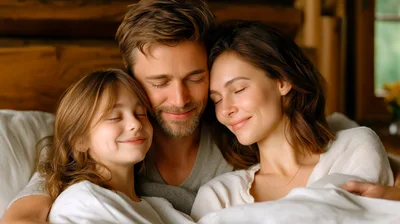 Happy Family Cuddling Together In Bed