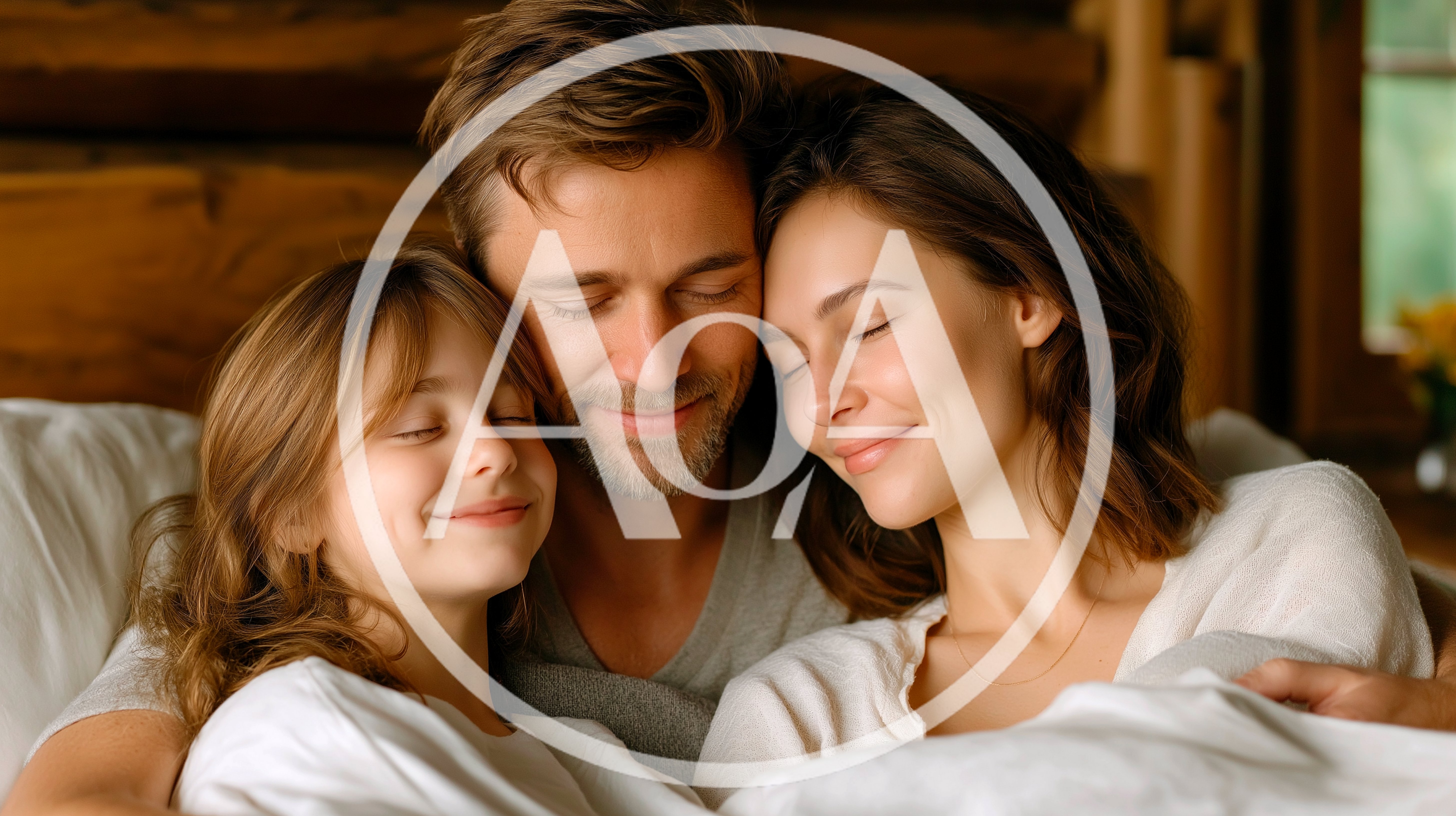 Happy Family Cuddling Together In Bed