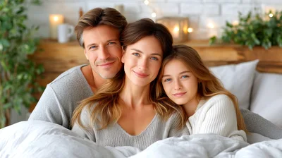 Happy Family Relaxing Together In A Cozy Bedroom