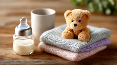 Teddy Bear Sitting On Folded Baby Blankets