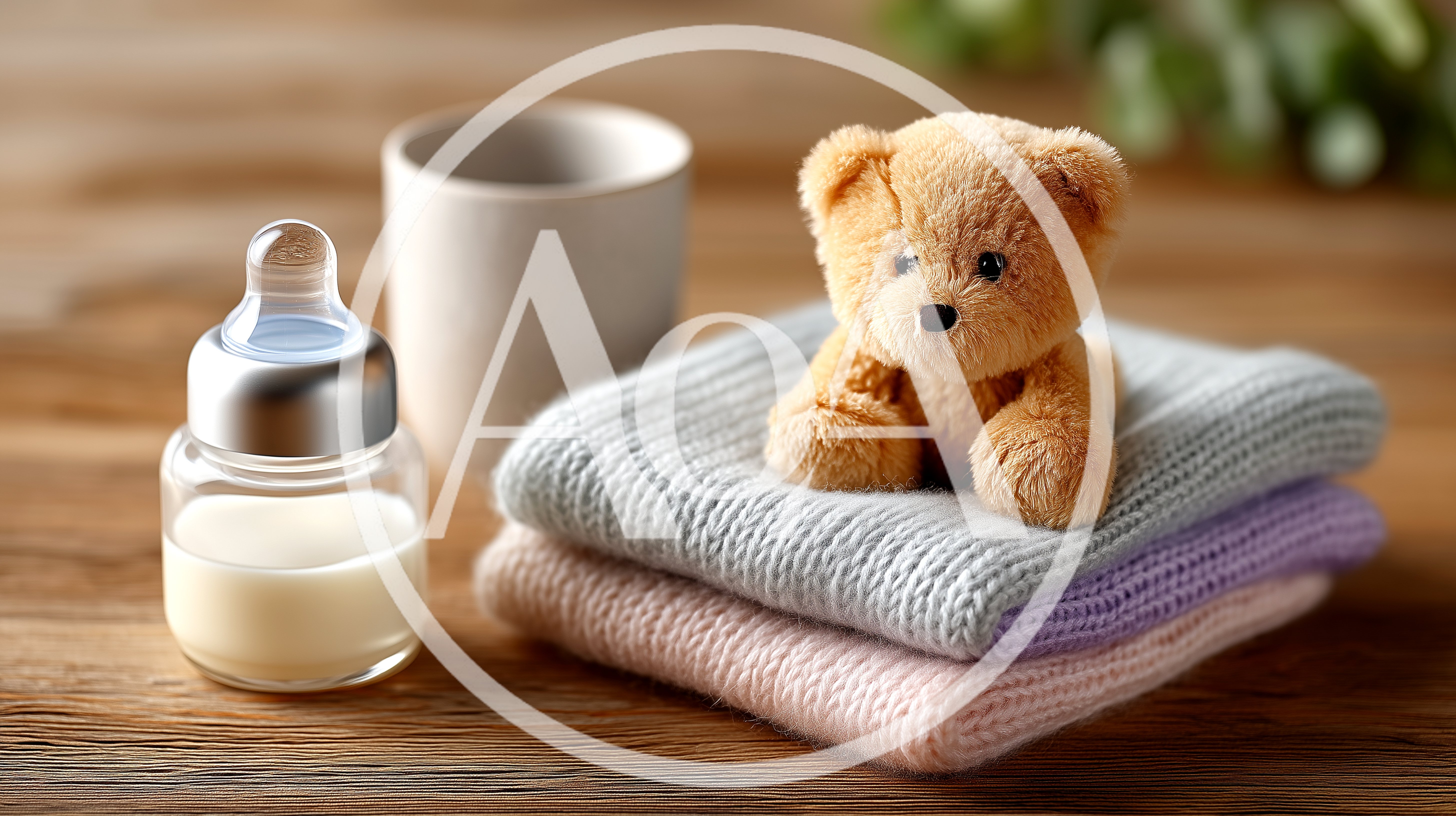 Teddy Bear Sitting On Folded Baby Blankets