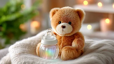Cute Teddy Bear With Baby Bottle On Soft Blanket