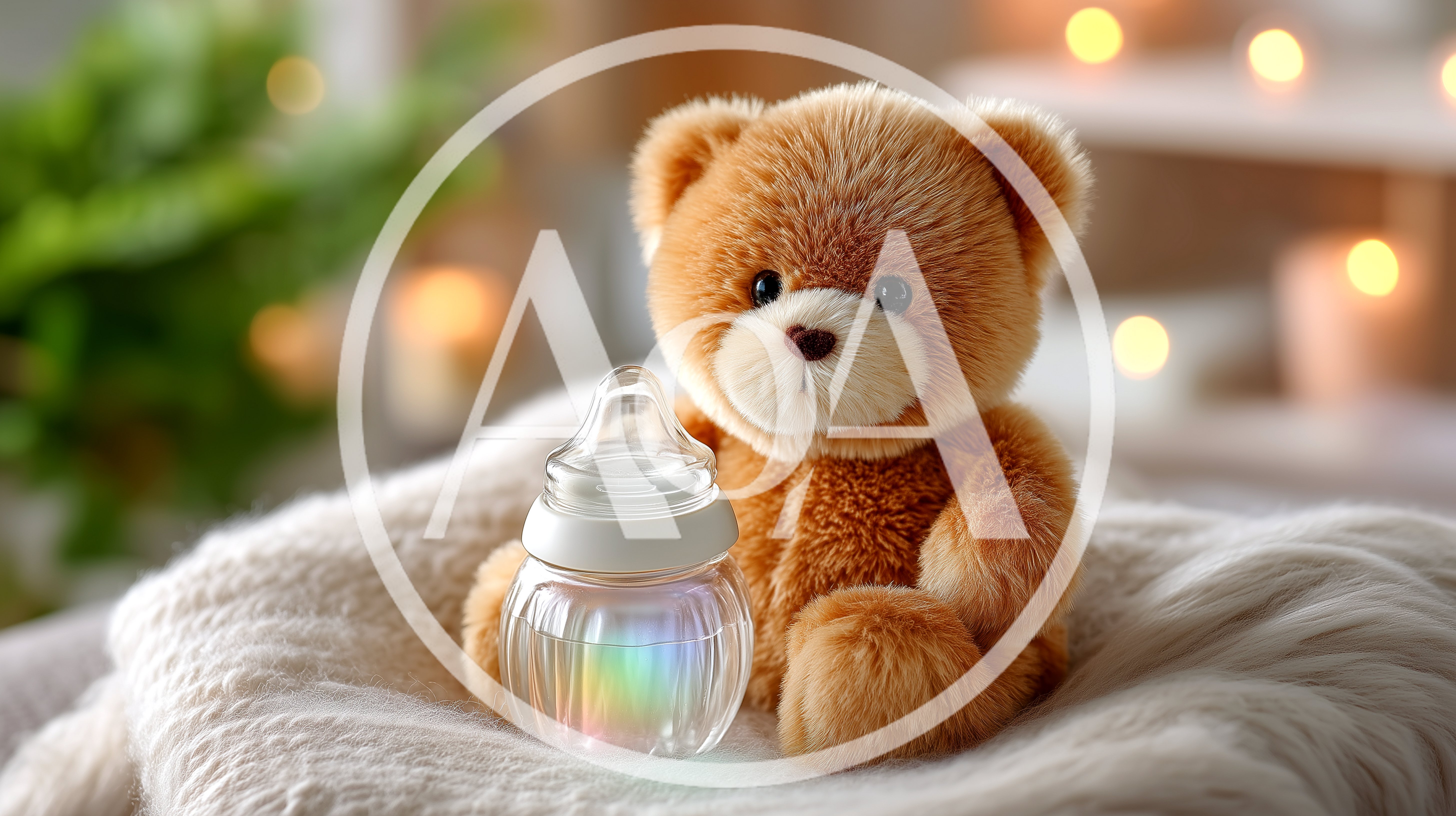 Cute Teddy Bear With Baby Bottle On Soft Blanket