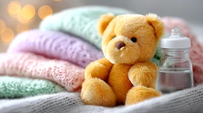 Teddy Bear And Baby Bottle On Folded Knitted Clothes