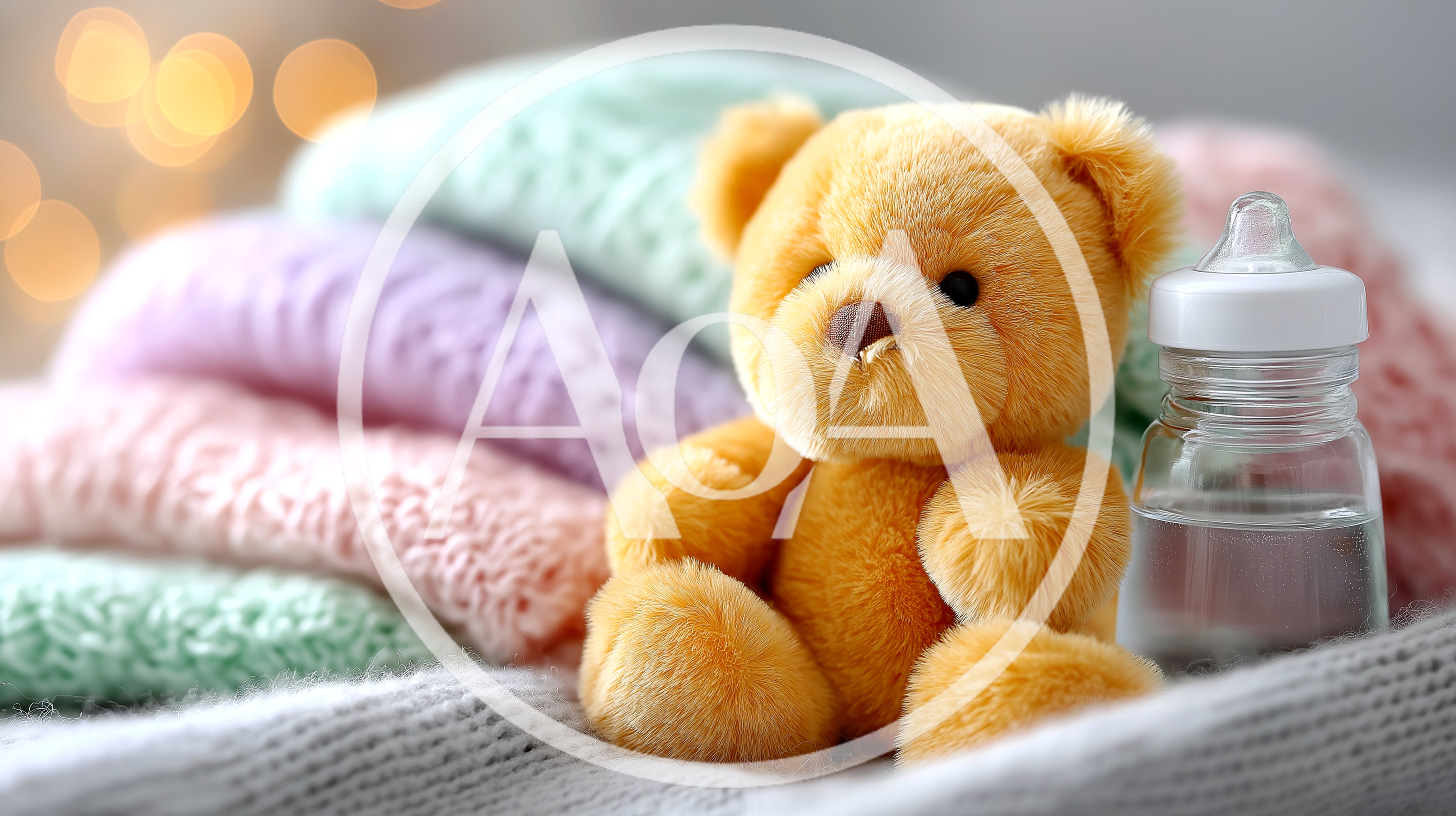 Teddy Bear And Baby Bottle On Folded Knitted Clothes